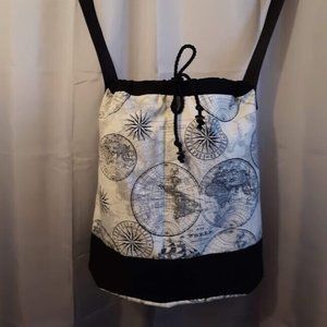 Travel the Globe Bucket Tote Sling Bag Map Print Ivory Black Large Oval carryall